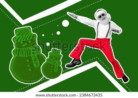Artwork collage picture of excited black white colors aged santa dancing have good mood christmas cookies isolated on green background