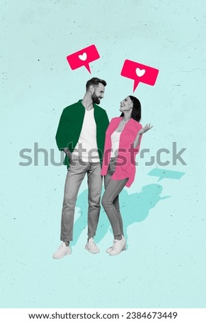 Vertical drawing picture collage of beautiful cheerful couple speaking hugging enjoying moments together