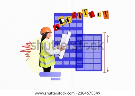 Collage picture of professional architect girl hold read building project plan isolated on creative white background