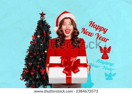 Collage picture of astonished funky girl hands hold get happy new year giftbox decorated tree isolated on blue background