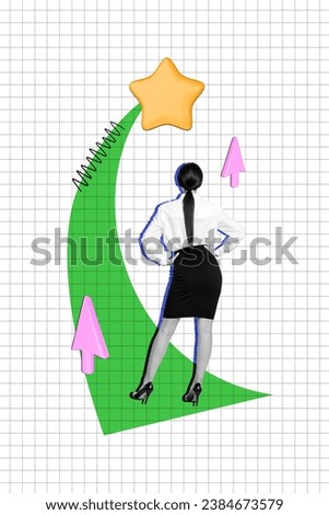 Rear view collage photo of confident business lady looking forward pathway best feedback golden rate star isolated on checkered background