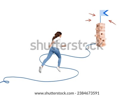 Photo collage artwork minimal picture of purposeful excited lady running get the tower top isolated white color background