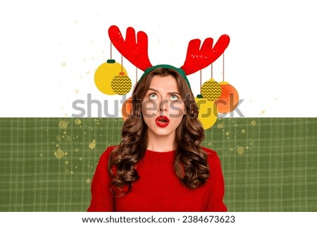 Photo sketch collage picture of shocked funny lady new year baubles hanging deer horns isolated creative background