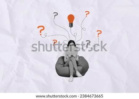 Collage of young woman student studying in beanbag reading book has questions and answers made eureka decision isolated on white background Royalty-Free Stock Photo #2384673665