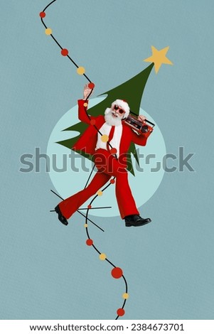 Vertical collage picture of excited crazy grandfather santa hang christmas illumination hold boombox painted evergreen tree