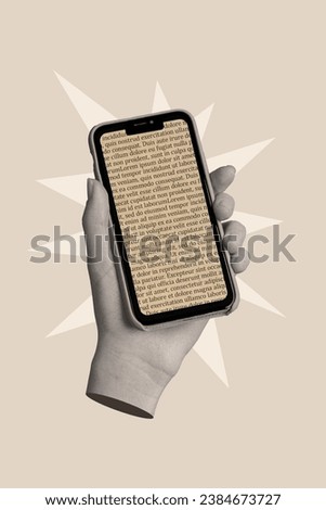 Creative template graphics collage image of arm reading ebook apple samsung iphone modern gadget isolated grey beige color background