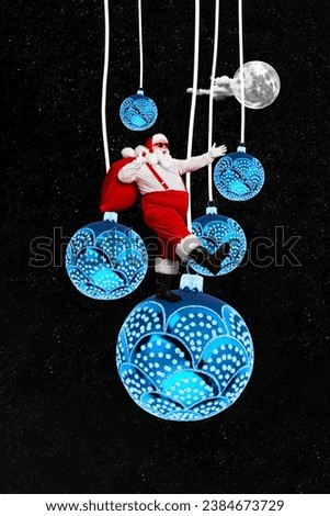 Collage minimal picture of funny carefree santa walking having fun christmas baubles isolated black color background