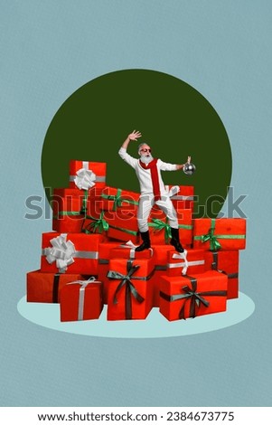 Vertical collage picture of excited mini grandfather hold disco ball dancing big pile stack new year giftbox isolated on creative background