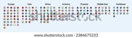 World countries flags icons. Flags of the continents Europe, Asia, Africa, America, Oceania, Middle East, Caribbean. A large set of round flags of the countries of the world. Vector icons