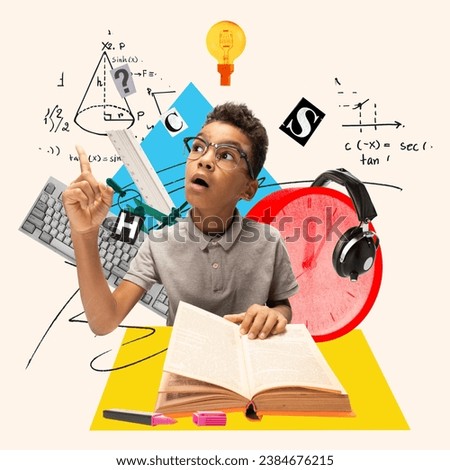 Smart motivated kid, little boy generating ideas, doing homework, learning new information. Contemporary art collage. Concept of education, back to school, knowledge, childhood. Creative design Royalty-Free Stock Photo #2384676215