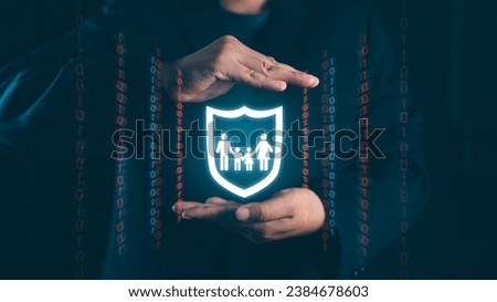 Safeguard your children in the digital world with this powerful visual featuring hands and virtual icons. This image illustrates the importance of family protection and secure online practices Royalty-Free Stock Photo #2384678603