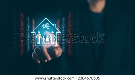 Ensure your family's online safety with this striking image of hands displaying virtual icons that protect against the perils of the internet. Explore the concept of cybersecurity, secure web browsing Royalty-Free Stock Photo #2384678605