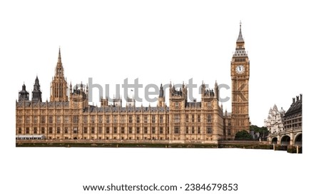 Big Ben in London UK cut out and isolated on white background. Royalty-Free Stock Photo #2384679853