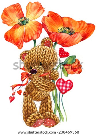 Cute teddy bear with poppy flowers. Watercolor illustration. Fashion design. Valentine's Day card.
