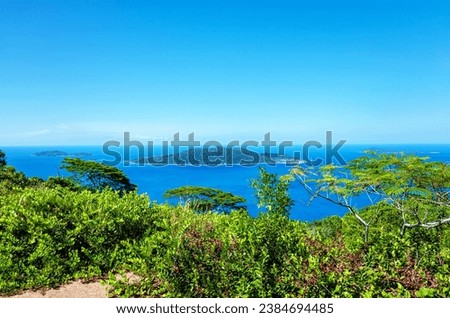 Island Grande Soeur and Felicite, Republic of Seychelles, Africa. 
Island Grande Soeur on the left, Island Felicite on the right, seen from Island La Digue. Royalty-Free Stock Photo #2384694485
