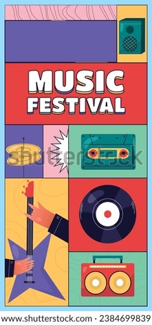 Music festival background. Music fest. Music concert design. Musical event.  musicians, instruments. Vector illustration Template for Poster, Banner, Flyer, Invitation, Card, Social media Post, Cover.