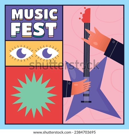 Music festival background. Music fest. Music concert design. Musical event. Musicians, instruments. Vector illustration Template for Poster, Banner, Flyer, Invitation, Card, Social media Post, Cover.