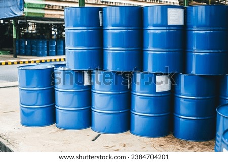 Barrels stock chemical products The metal barrels are blue. Chemistry. Manufacture of chemicals.