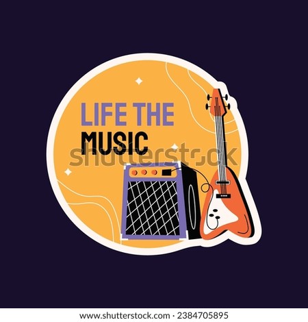 Music festival background. Music fest. Music concert design. Musical event. Musicians, instruments. Vector illustration Template for Label, Sticker, Poster, Invitation, Card, Social media Post.
