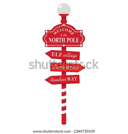 Red striped North Pole road sign. Christmas sign with lantern and arrows elf village, Santa sleigh, reindeer way. Illustrated vector clipart.