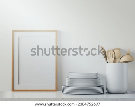 Picture frames of plates, spoons and forks in glasses that are placed on the shelves.