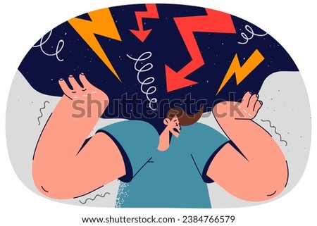 Stressed man overwhelmed with bad toxic thoughts. Unhappy distressed guy frustrated with burden, overthinking and worrying too much. Vector illustration. Royalty-Free Stock Photo #2384766579