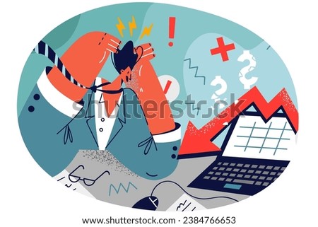 Stressed businessman sit at desk overwhelmed with financial bad statistics. Unhappy male employee distressed with negative report results. Business failure. Vector illustration.