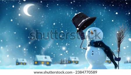 Merry Christmas and happy new year greeting background.  Snowman with a broom in a night winter landscape