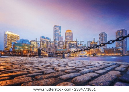 Boston Harbor and Financial District at twilight, Massachusetts Royalty-Free Stock Photo #2384771851