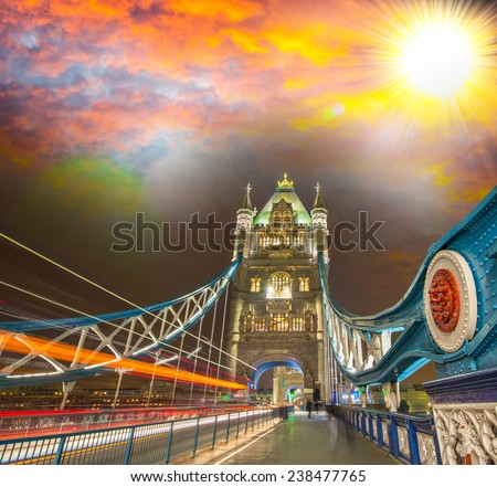 Awesome night view of magnificent Tower Bridge, London.