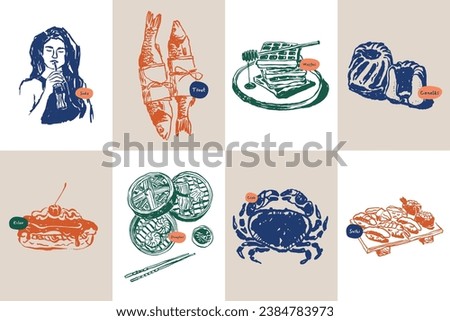 Minimalist hand drawn food and drink vector illustration collection. Art for for postcards, branding, logo design, background.