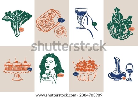 Minimalist hand drawn food and drink vector illustration collection. Art for for postcards, branding, logo design, background.