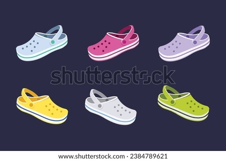 Set of colorful vector beach shoes. rubber slippers for swimming in the sea and pool. fashionable summer slippers Rubber or foam clogs with durable soles, do not slip. Royalty-Free Stock Photo #2384789621