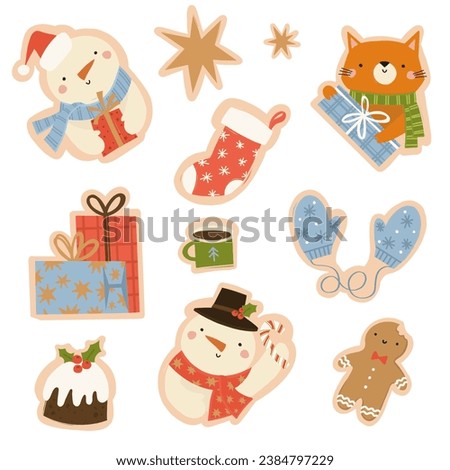 Cute Christmas clip art with snowman, cat, cup, Christmas sock, gingerbread, gift boxes, mittens, stars. A set of funny Christmas stickers.