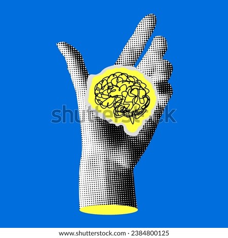 Pop art style collage. Halftone hand controls brain. Piece of paper with brain. Hand crushing brain. Intelligence, knowledge. Human psyche concept. Social influence. Psychological problems