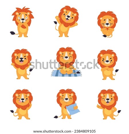 Cute Lion Character with Mane Engaged in Different Activity Vector Set Royalty-Free Stock Photo #2384809105