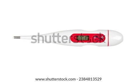 Modern generic digital electronic thermometer with a blank display and on off button, single object isolated on white background, cut out, top view. Temperature measurement simple concept, nobody Royalty-Free Stock Photo #2384813529