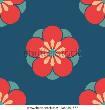 Red flower with petals isolated on blue background is in Seamless pattern - vector illustration