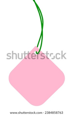 Blank Pink Cardboard Sale Tag And Neon Green String, Empty Square Price Label Background, Vertical Isolated Detailed Hanging Badge Copy Space Macro Closeup, Large Rounded Corners