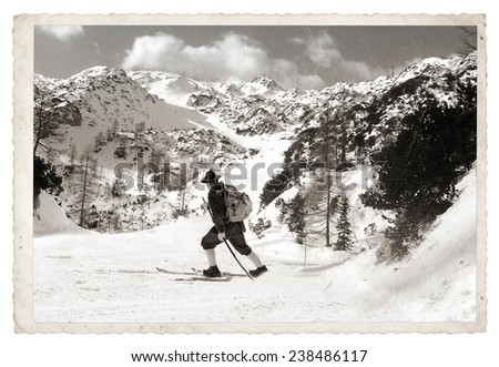 Vintage photos old skier with traditional old wooden skis