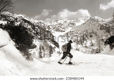 Black and white photos, Vintage photos old skier with traditional old wooden skis 