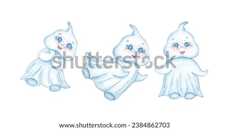 Watercolor illustration set of three little cute ghosts. Halloween spirit isolated on white background. Design concept for poster, card, banner, clothing, wallpaper, wrapping paper, packaging, card 