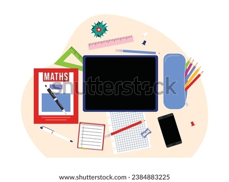 Doing math assignments, complete stationery kit, exercise book, ruler, pencil, desk top view vector illustration.