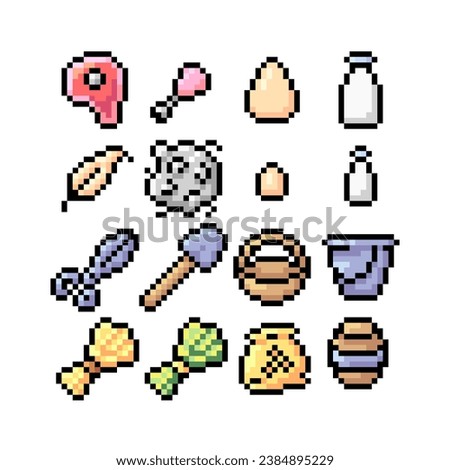 Set of items related to livestock, farm and food production isolated on a white background. Pixel art with shadows and highlights with black stroke. Vector assets of game items for farming.