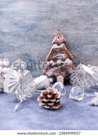 Christmas ornaments on bright wooden background. Soft focus. Close up. 