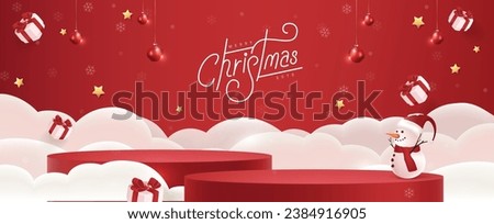 Merry Christmas banner with product display cylindrical shape and festive decoration for christmas and happy new year promotion banner