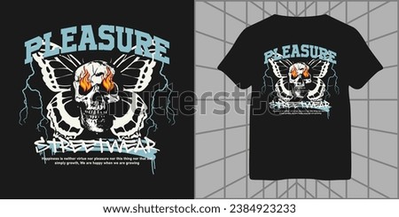 pleasure slogan typography with skull head fire eyes and butterfly wings graphic design illustration, for streetwear and urban style t-shirt design, hoodies, etc Royalty-Free Stock Photo #2384923233