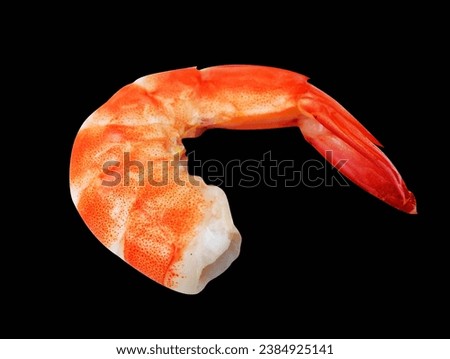 Red boiled shrimp or tiger prawn isolated with clipping path, no shadow on black background, cooked seafood