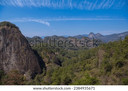 A landscape picture of the mountains and hills of Wuyishan in Fujian province China., background, copy space