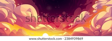 Sunset anime sky with cloud vector background. Cloudy heaven painting with sun in orange color nature scene. Beautiful and dramatic yellow dusk panorama illustration. Bright wild twilight scenery Royalty-Free Stock Photo #2384939869